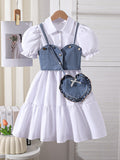 european and american style girls' cross-border shirt dress, vest design, with heart-shaped bag three-piece set for older girls