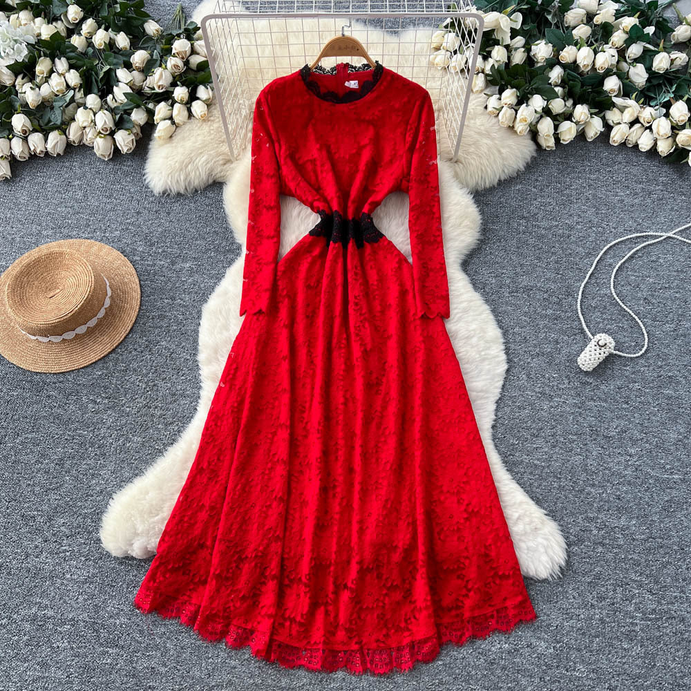 French chic, understated elegance: women's autumn  dress - high-end, slim-fit, figure-flattering, lace maxi dress