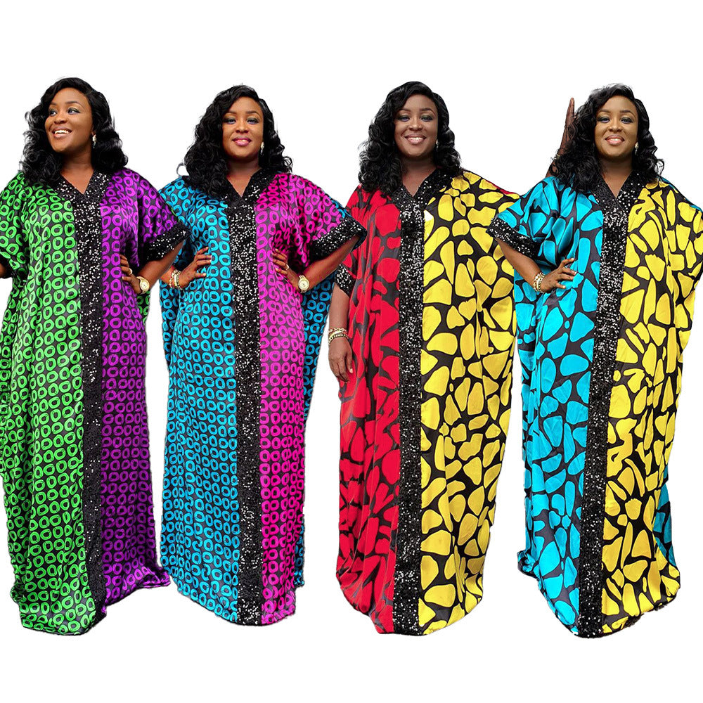 e-commerce  independent station african plus size women's clothing velvet sequined dress patchwork printed robe
