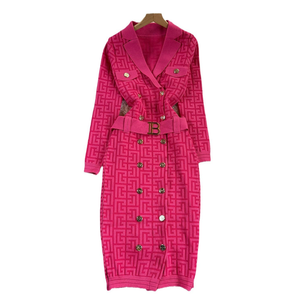 Fall and winter tweed style grids celebrity metal buttons double-breasted lapel waist silmknitting long skirt dress