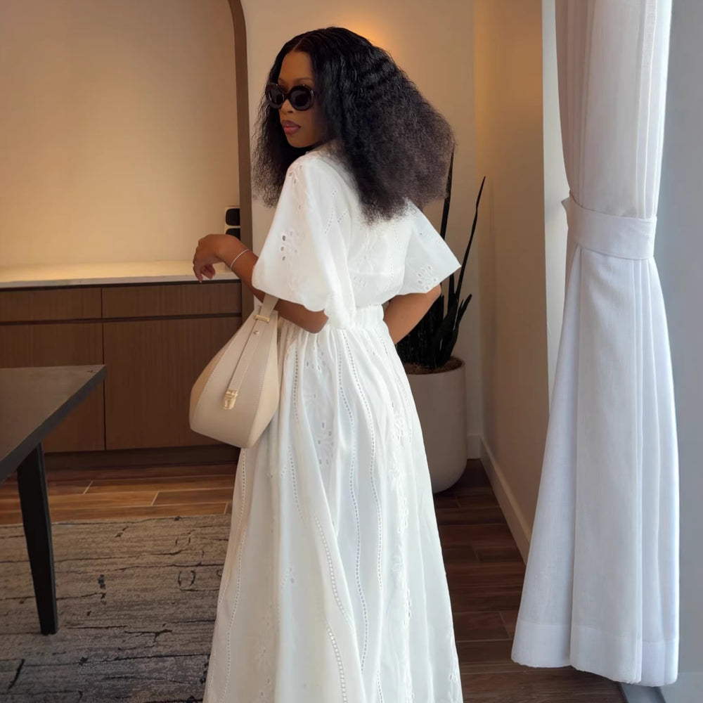 Fashion cross-border women's clothing  summer new elegant lapel puff sleeve cut out shirt high waist skirt suit