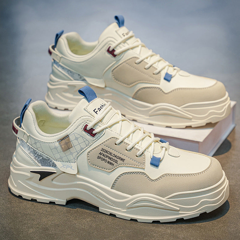 Men's spring versatile casual work shoes - leather, waterproof, athletic, height-increasing, white trendy sneakers for work and everyday wear