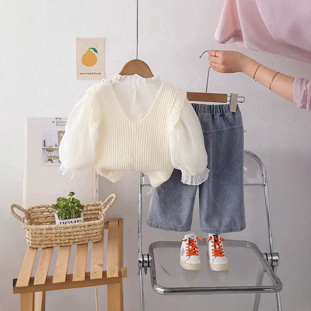Korean style knitted vest and white shirt girl's outfit  - sweet & stylish bowknot floral set