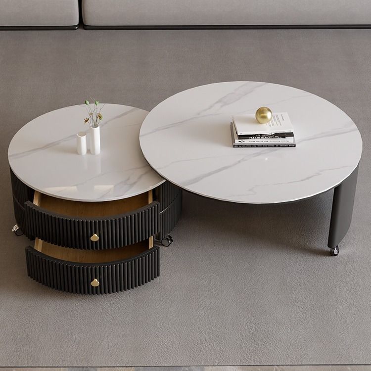 Sintered stone minimalist luxury living room coffee table - modern cream style rotating mobile round coffee table for small apartments