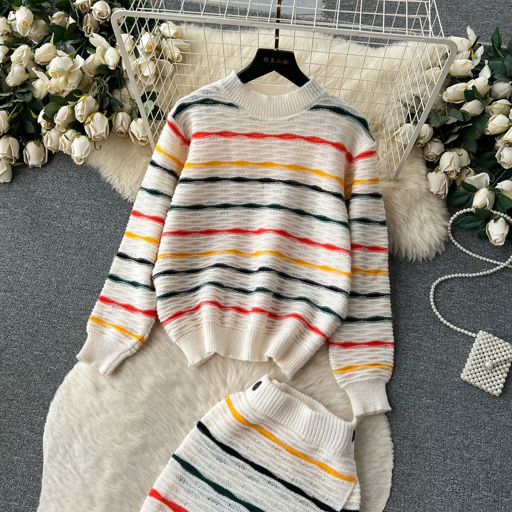 Fall and winternew arrival hong kong style retroknittingsuit women's long sleevesloose round neck stripestopsniche stylesense of design long skirt