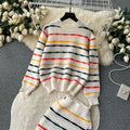 Fall and winternew arrival hong kong style retroknittingsuit women's long sleevesloose round neck stripestopsniche stylesense of design long skirt