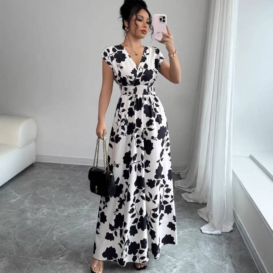 european and american new arrival cross-border french v-neck printed dress