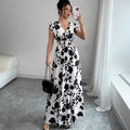 european and american new arrival cross-border french v-neck printed dress