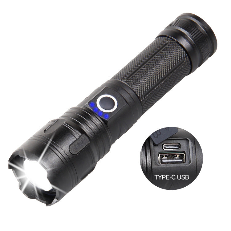 Cross-border P70 flashlight Type-C charging, strong light USB charging output, long-distance telescopic LED outdoor flashlight