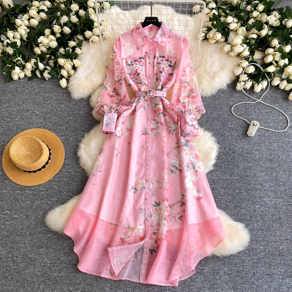 French print slim-fit hollow-out dress - women's long sleeve turn-down collar tie-waist a-line maxi dress - high-end commute style