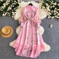 French print slim-fit hollow-out dress - women's long sleeve turn-down collar tie-waist a-line maxi dress - high-end commute style