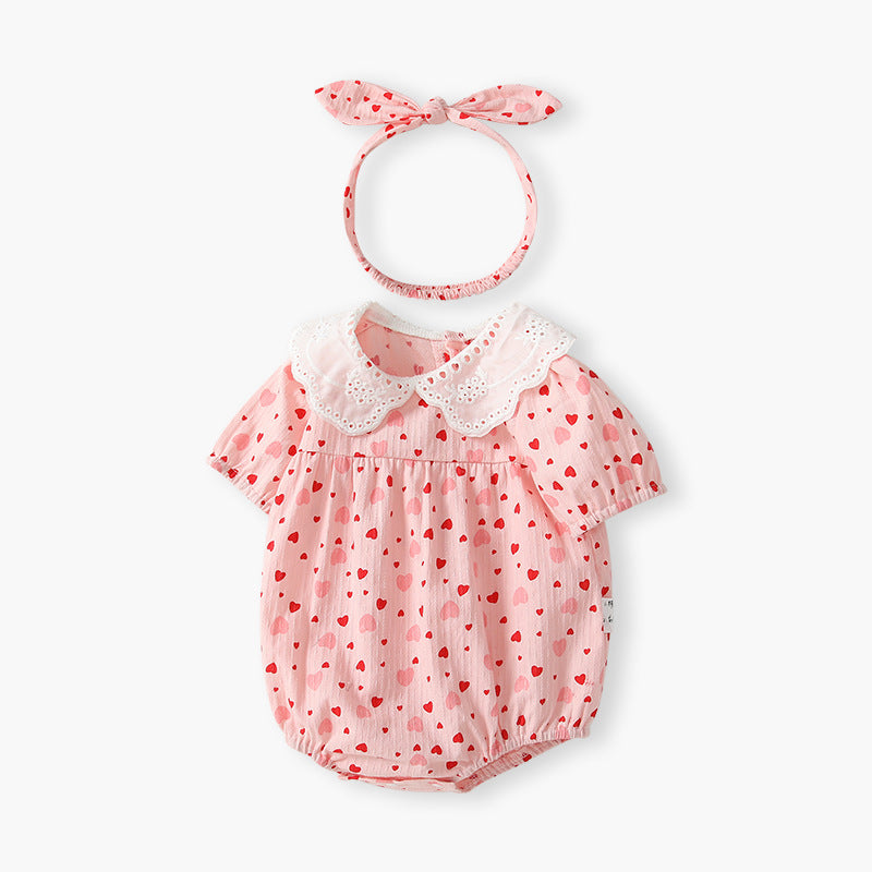 Newborn baby girl's lightweight summer romper - floral print, pure cotton, short-sleeve, snap-crotch bodysuit