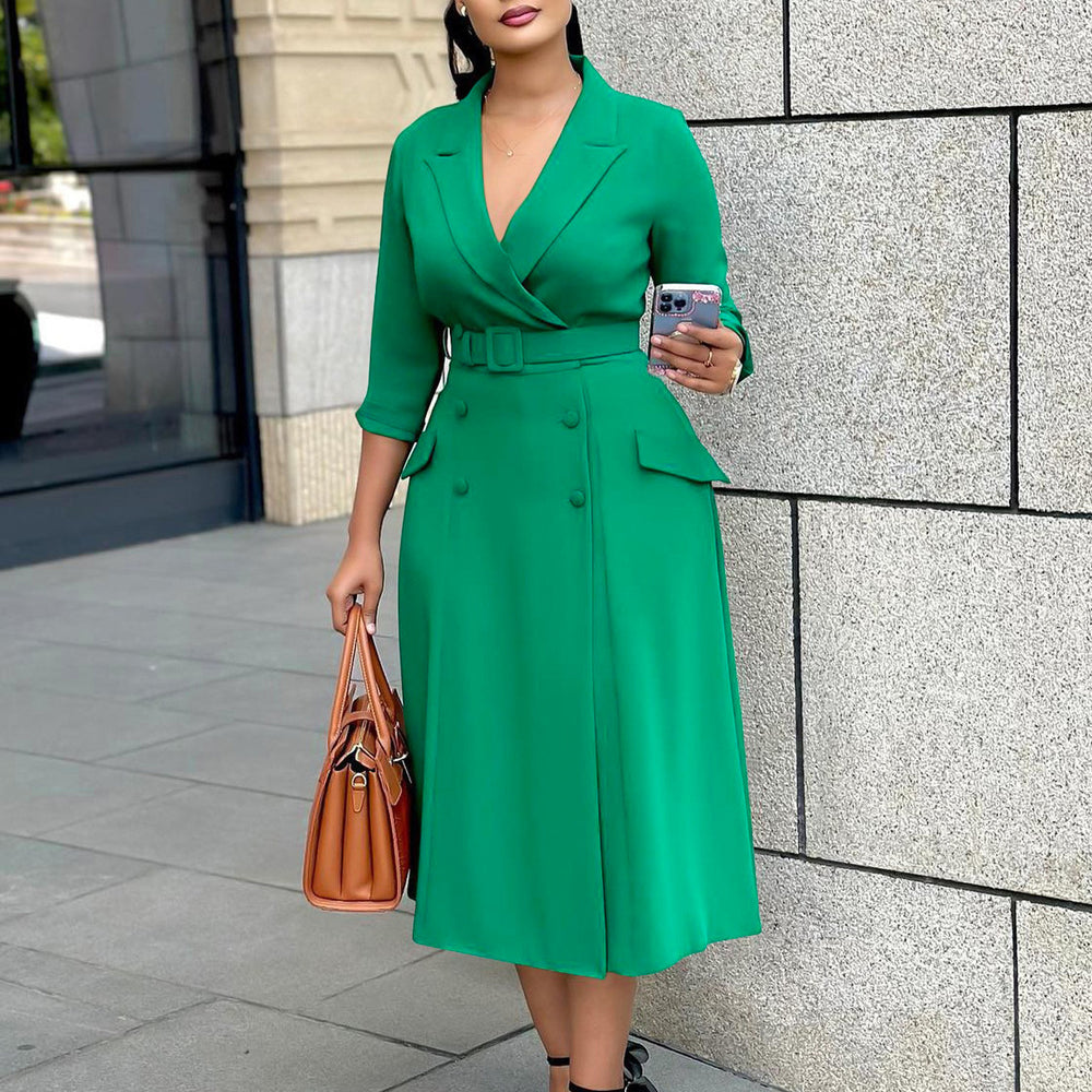 D3294export women's fashion elegant double-breasted suit collar pure colordress medium long cross-border dress
