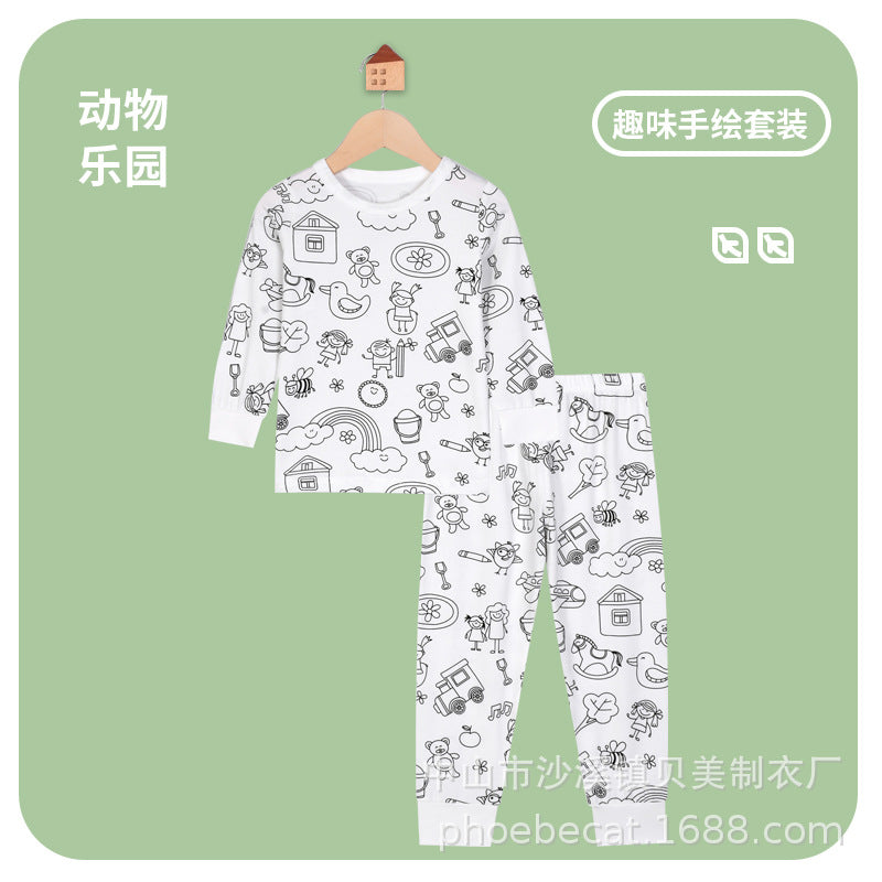 Graffiti kids pajamas boys and girls home clothes suit youth autumn clothes long johns thin close-fitting intimates wholesale