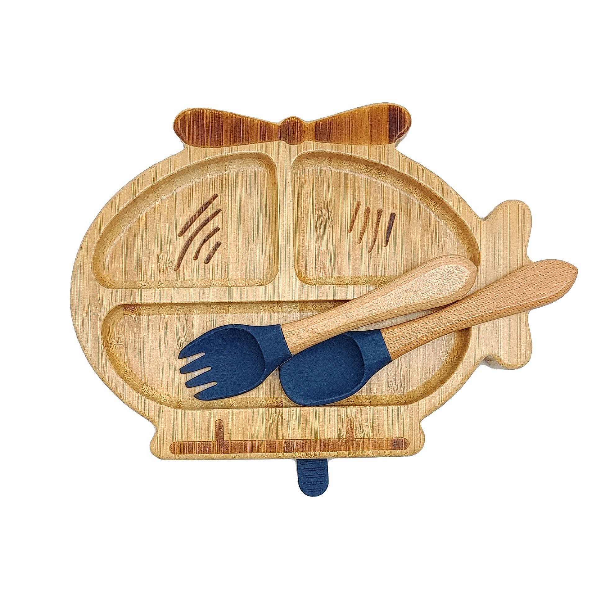 Bamboo plate set, food grade silicone fork and spoon wooden plate baby creative animal tableware set