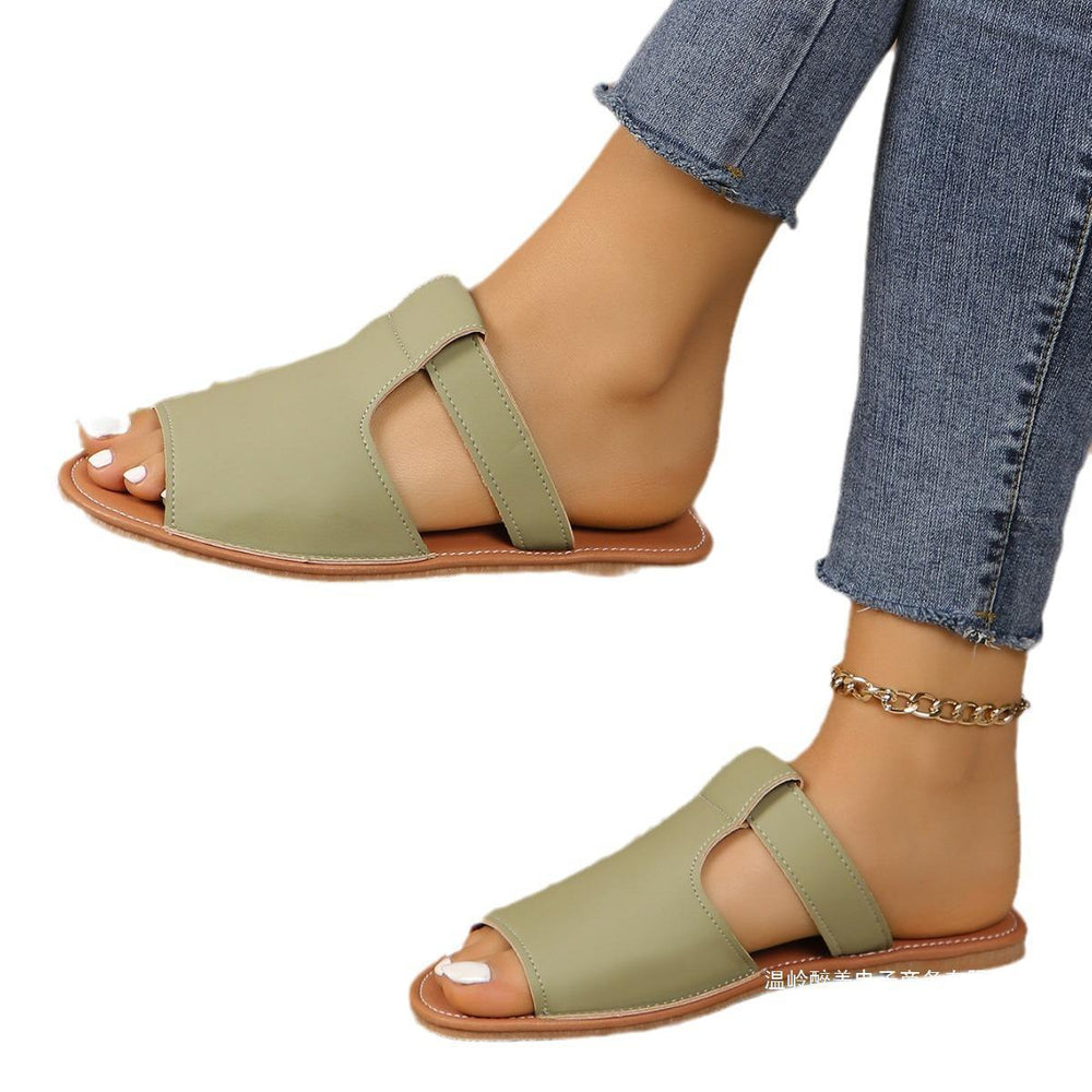 European and american plus size open-toe flat sandals - women's summer new solid color peep-toe beach slippers -