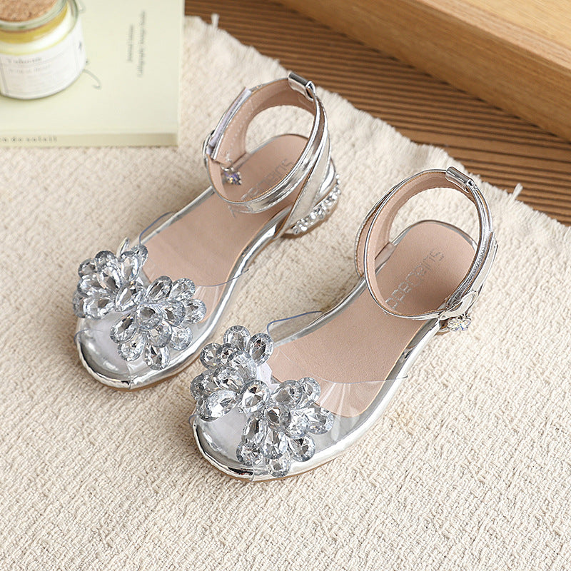 Girls' summer  princess sandals: silver crystal dress shoes for baby girls, stylish performance sandals