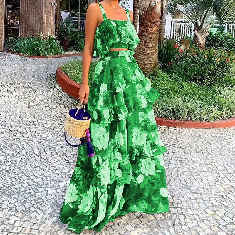 cross-border e-commerce women's fashion: european and american summer new arrivals - vacation-ready printed cami top and tiered maxi skirt set