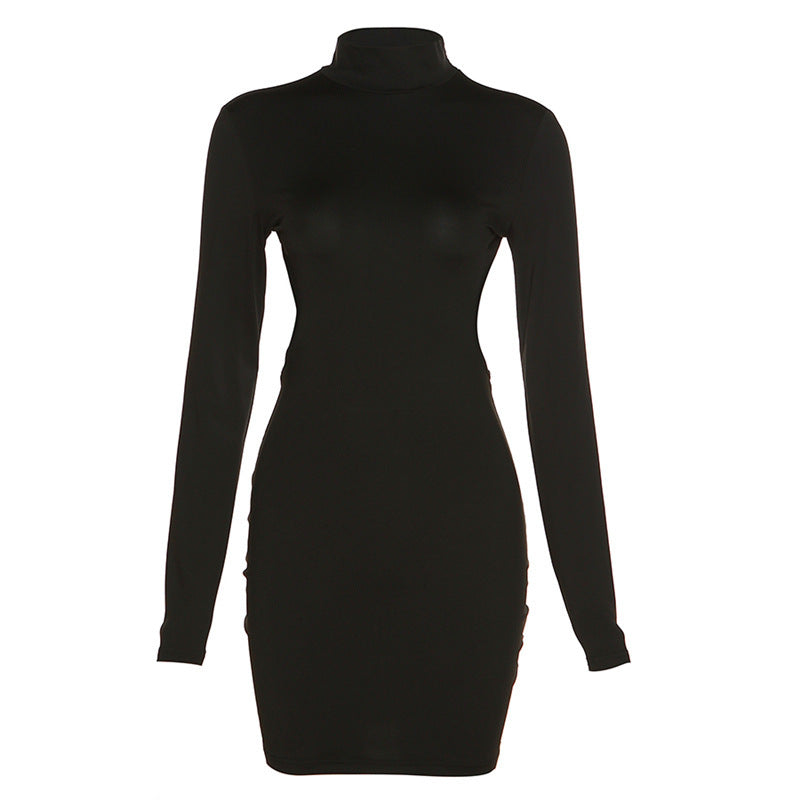 e-commerce hot-selling, trendy european and american style new women's fashion half-high neck, backless, long-sleeved, slim-fit dress