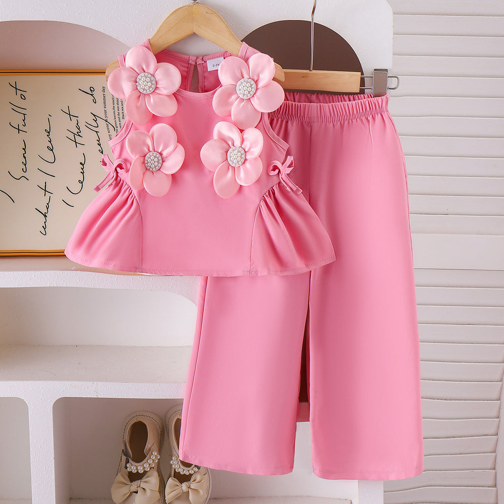 Kids clothing cross-border exclusive for european and american girls new arrival children's pink vest + pants baby children's clothing