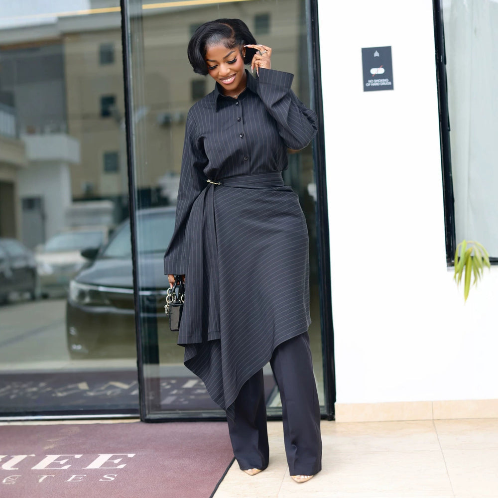 European and american style women's fall  sweet turn-down collar striped long sleeve blouse and high-waisted asymmetrical midi skirt two-piece set
