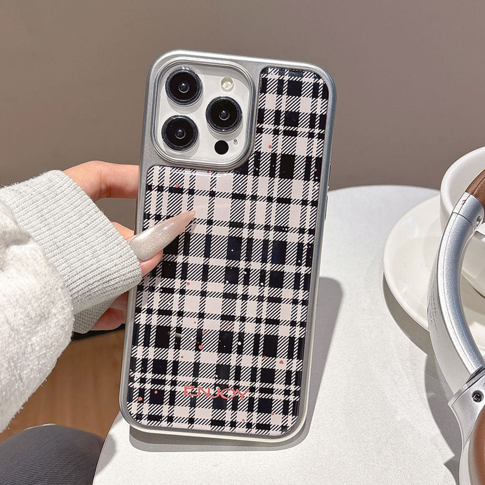 Black and white checkered iphone 17 pro max electroplated shockproof phone case, apple 16 silver edge drip glue protective cover