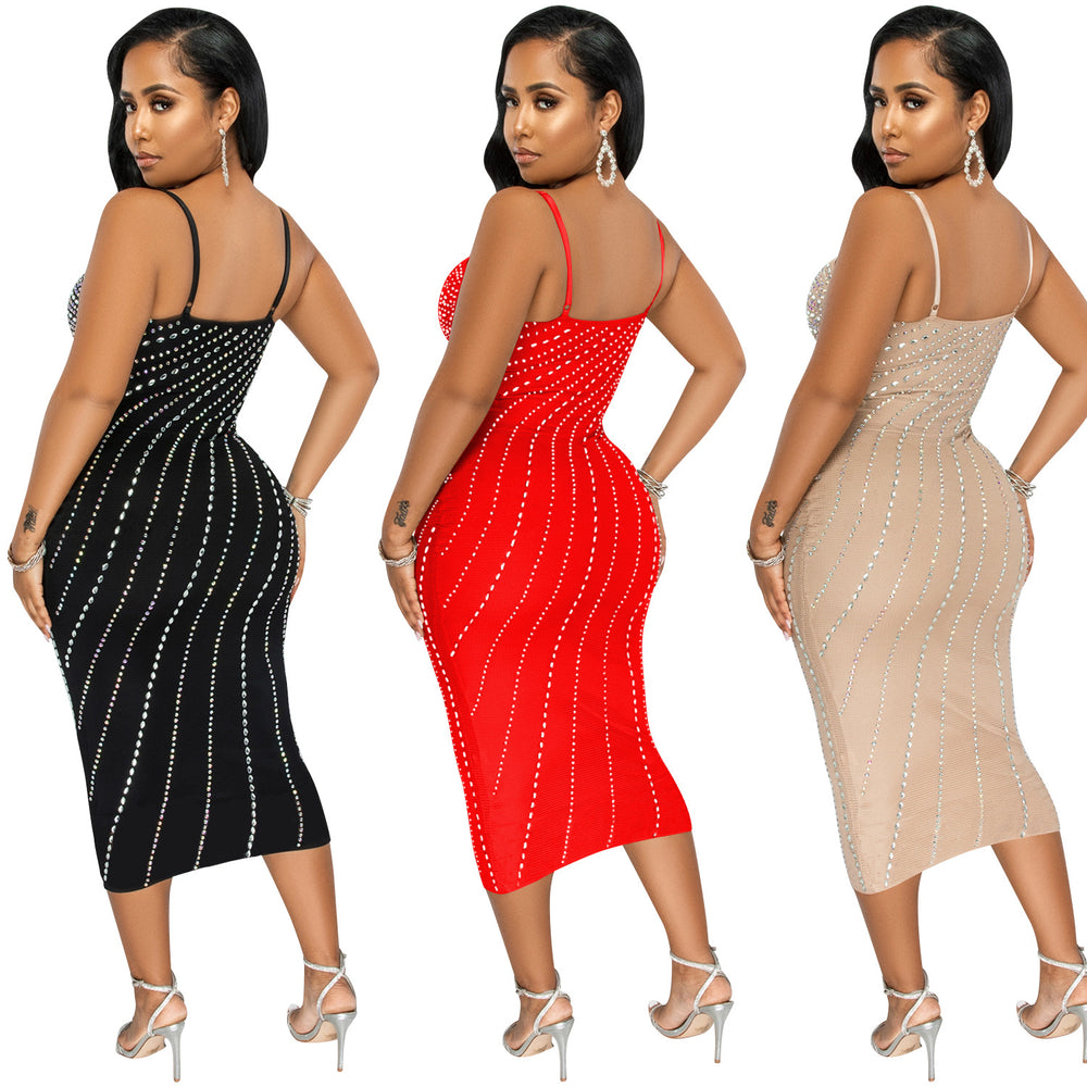 C5680 cross-border new arrivals: european & american women's apparel - , ,  - sexy rhinestone embellished cami dress for nightclubs