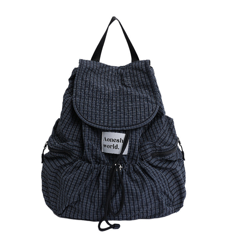 Multi-pocket plaid fashion commuter nylon student backpack - 2025 autumn korean style large capacity drawstring backpack for women