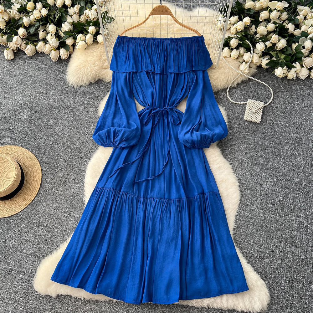 French chic one-shoulder ruffle trim lantern sleeve bodycon midi dress