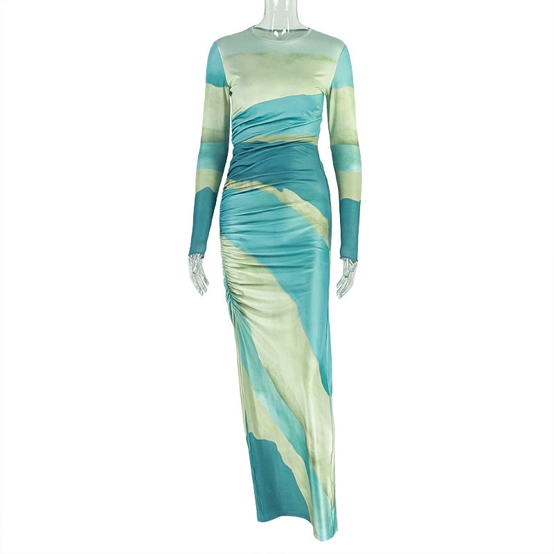 Fashion style exportwork clothing women's printed pleated waist slimming look hip skirt round neck long sleeves design dress trendy