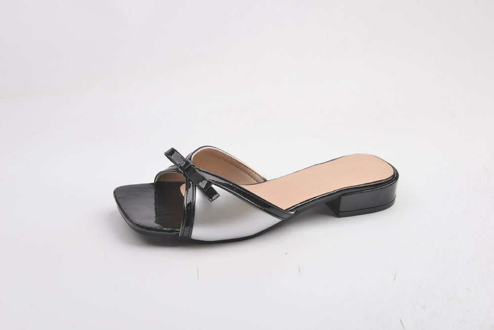 Korean-style french bow color block sandals - low heel wedge, comfortable and versatile summer women's slides - summer ready stock wholesale
