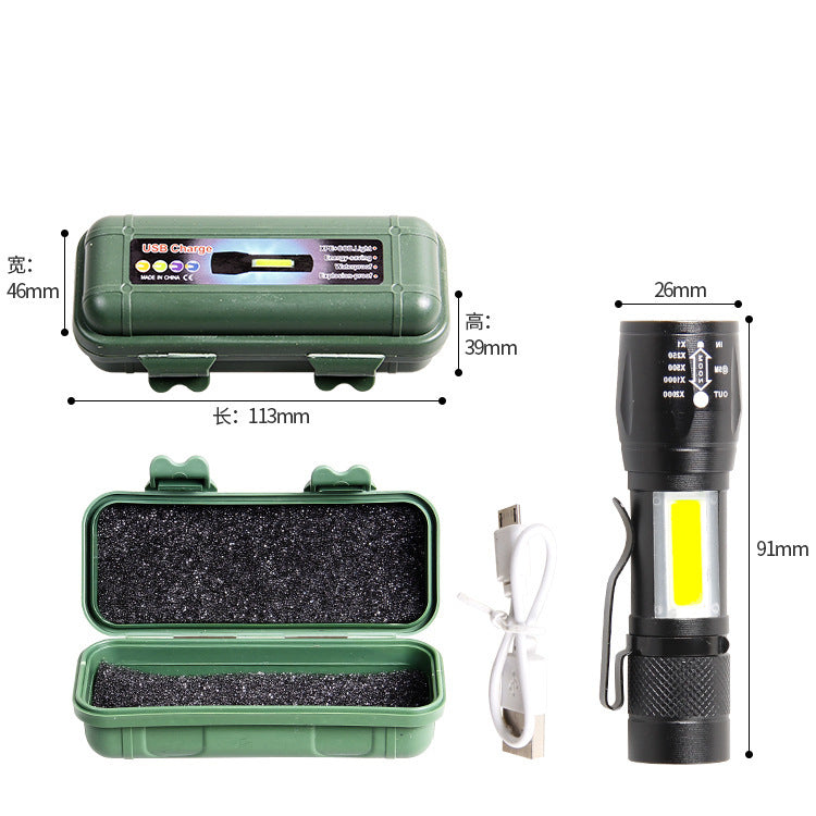 Cross-border mini LED flashlight USB charging outdoor waterproof telescopic zoom aluminum alloy COB small flashlight