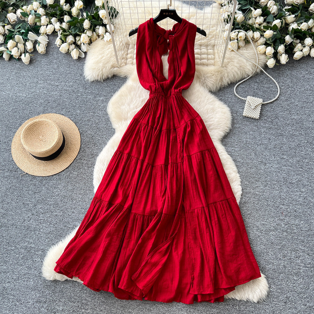 French riviera style red sexy backless maxi dress - women's summer v-neck halter neck slimming a-line elegant dress
