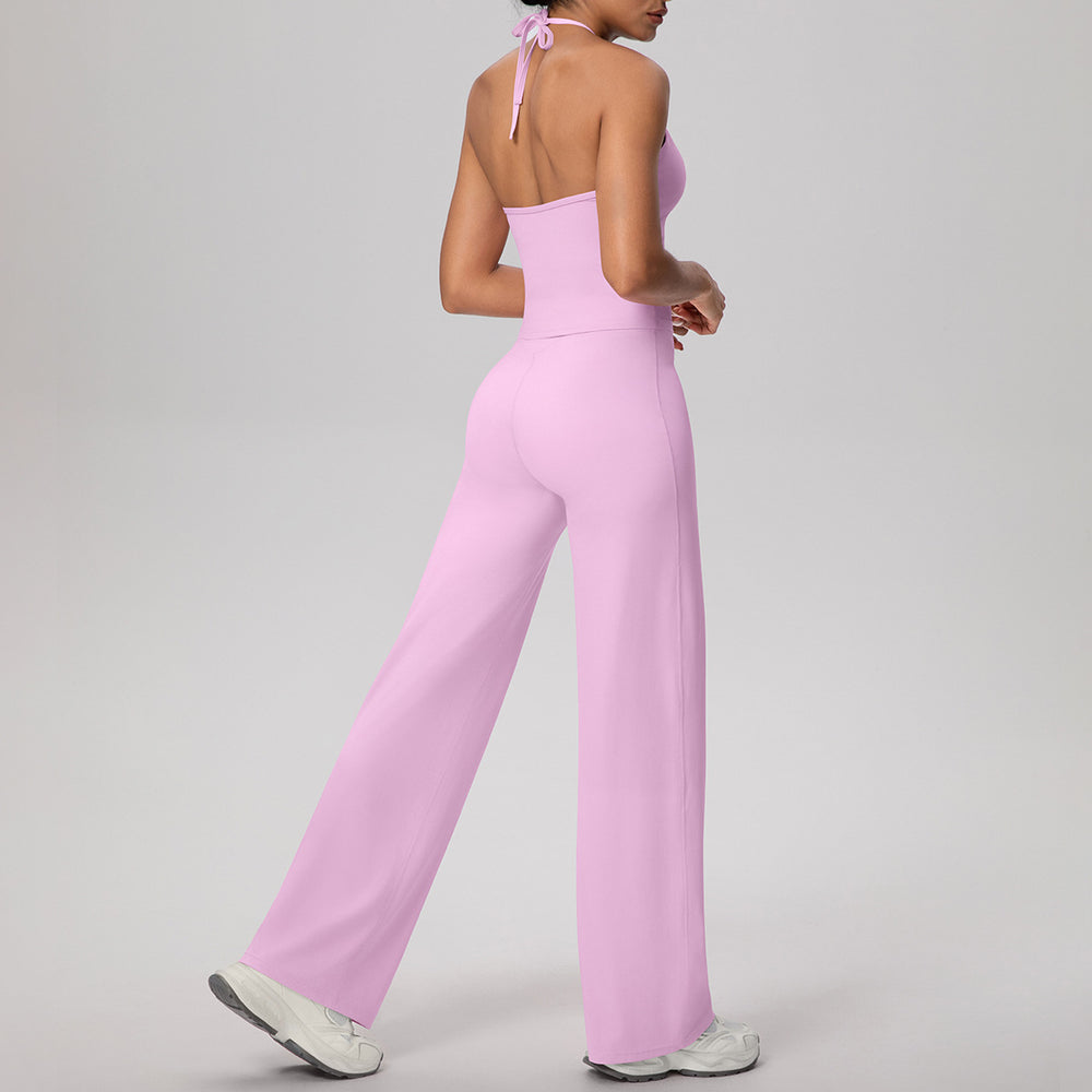 pure color brushed beautiful back tight strap halterhigh waist yoga suit sports running fitness two-piece set