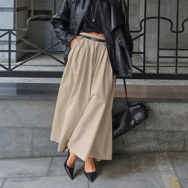 Qianjin style temperament elegant and simple high waist thin pleated skirt women's European and American  design sense khaki skirt