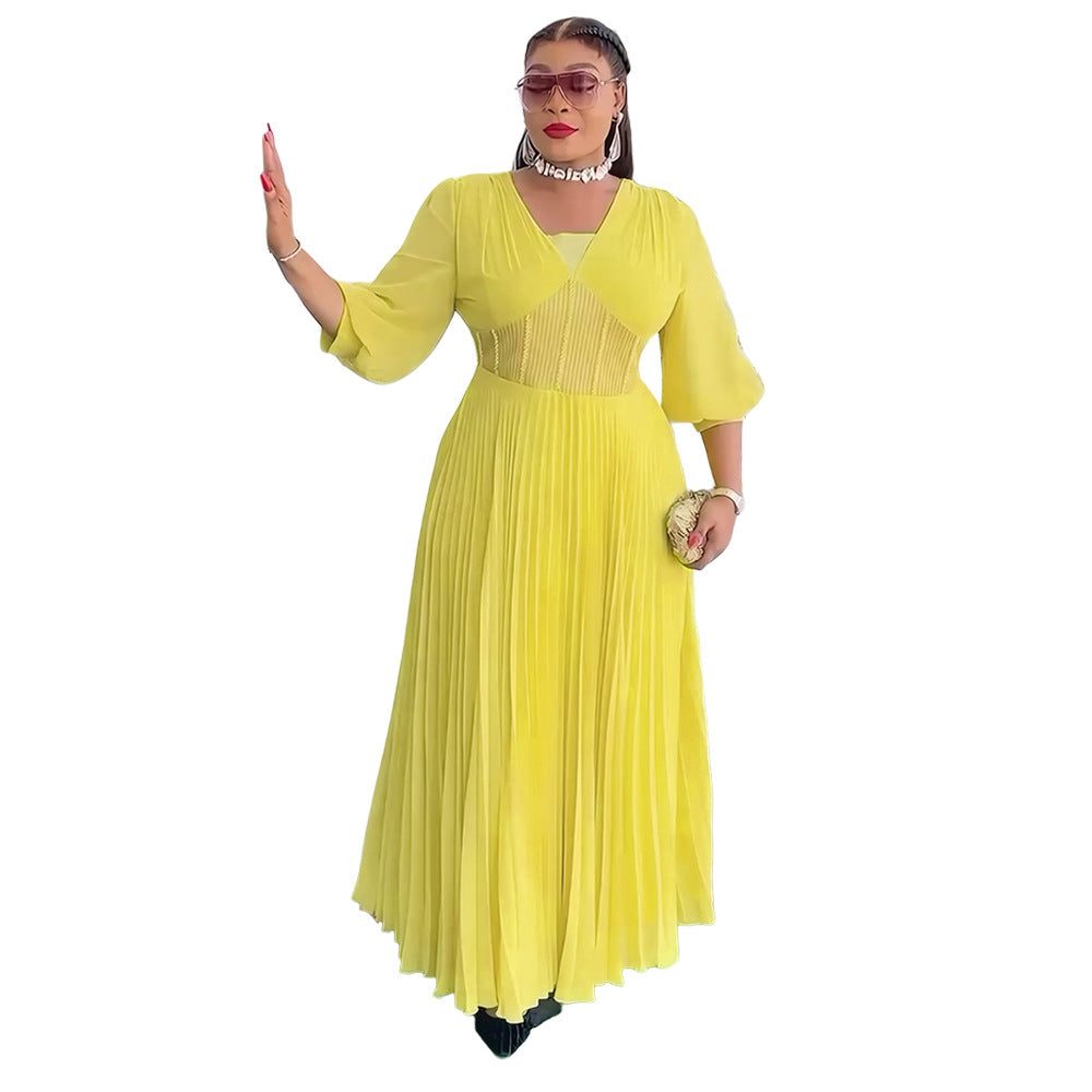 Aliexpress cross-border african new plus size women's elegant maxi dress, european and american foreign trade trendy v-neck pleated dress