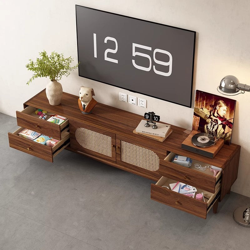 Retro rattan solid wood frame TV cabinet household coffee table combination small apartment living room storage locker integrated new model