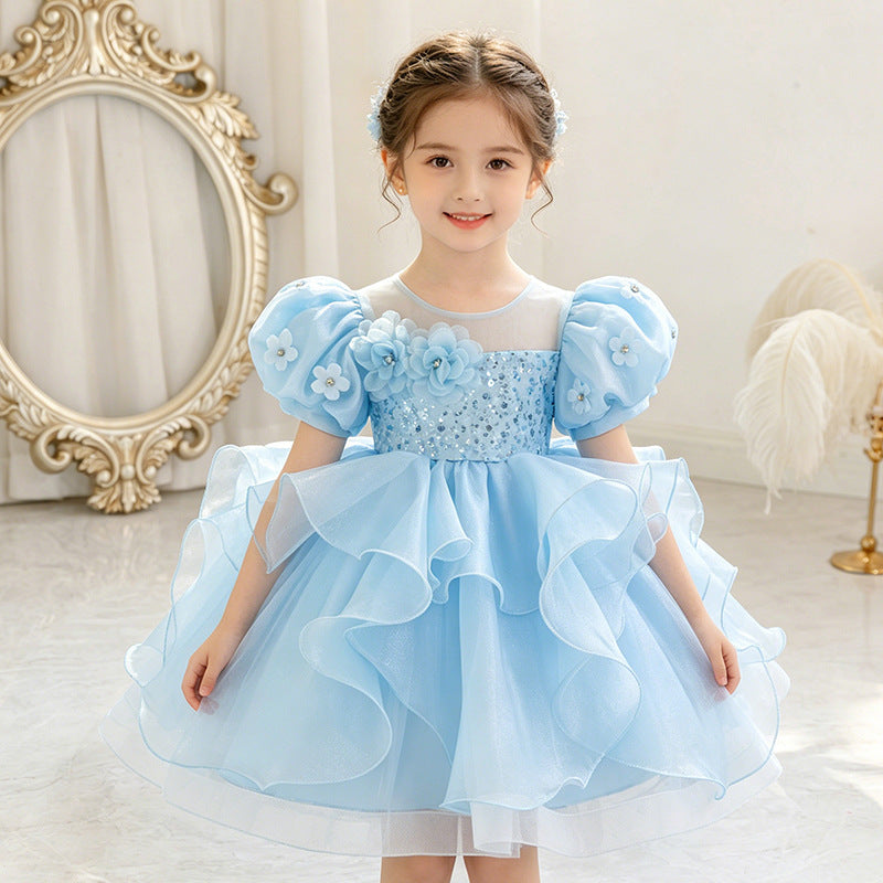 Ready-to-ship new bubble sleeve floral children's formal dress wedding princess gown baby girl party dress kids dress