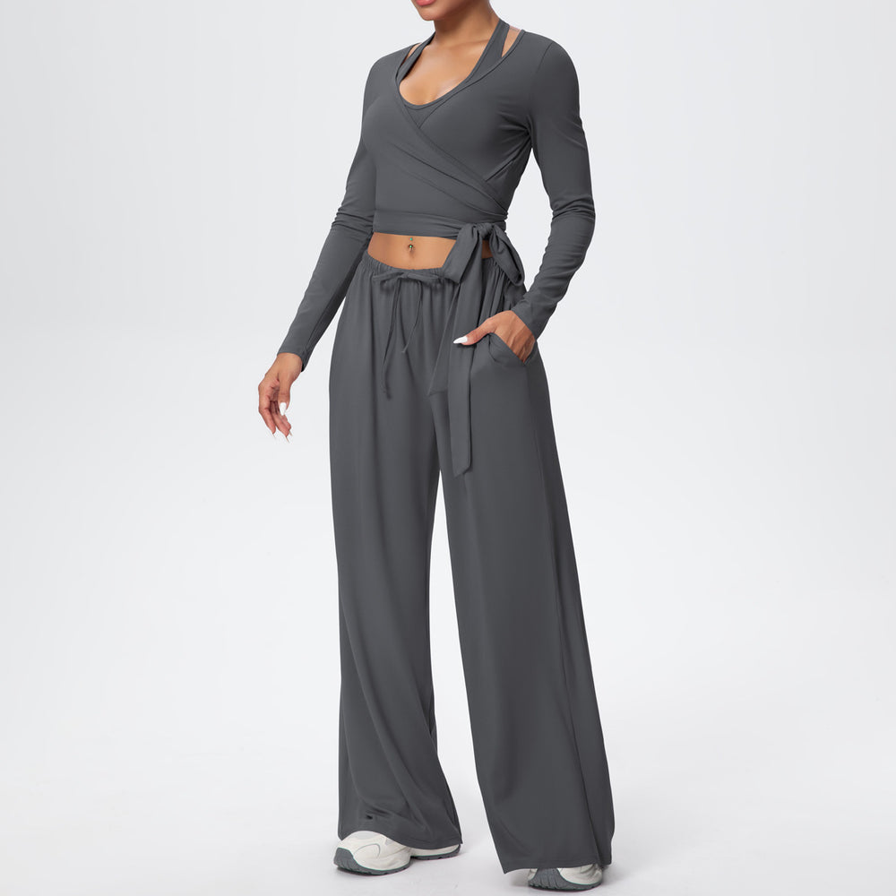 New brushed fleece quick-dry yoga outfit set - three-piece activewear with drawstring and tie details for sports, outdoor training, running, and fitness
