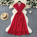 French retro v-neck flutter sleeve fitted waist dress - women's 2025 summer slimming elegant single-breasted floral maxi dress