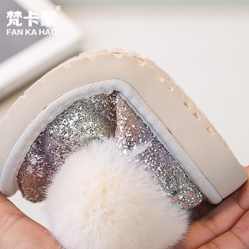 Vancahao girls' fur-lined snow boots -  winter new collection - kids' thickened, plush-lined cotton shoes with sequin ankle boots