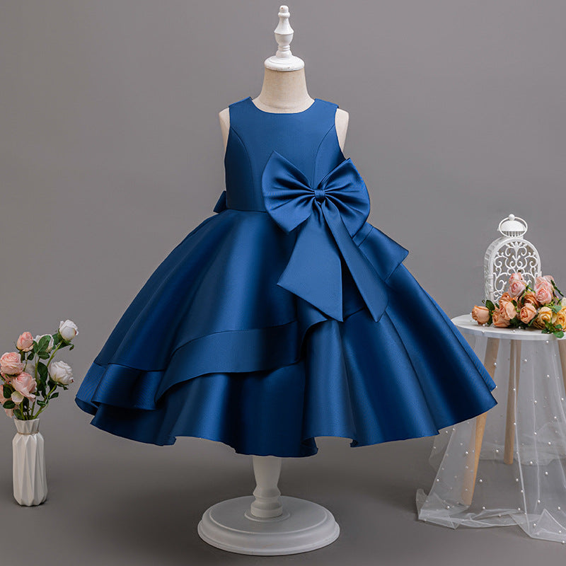 Ready-to-ship cross-border girls' formal dress, round neck vest, navy blue bow, satin dress, european and american style flower girl evening gown