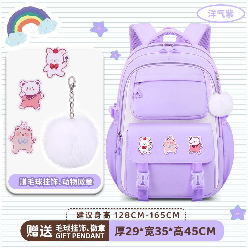 New arrival primary and secondary school students backpack large capacity burden reduction spine protection student school bag small stuffed pendant and pin storage
