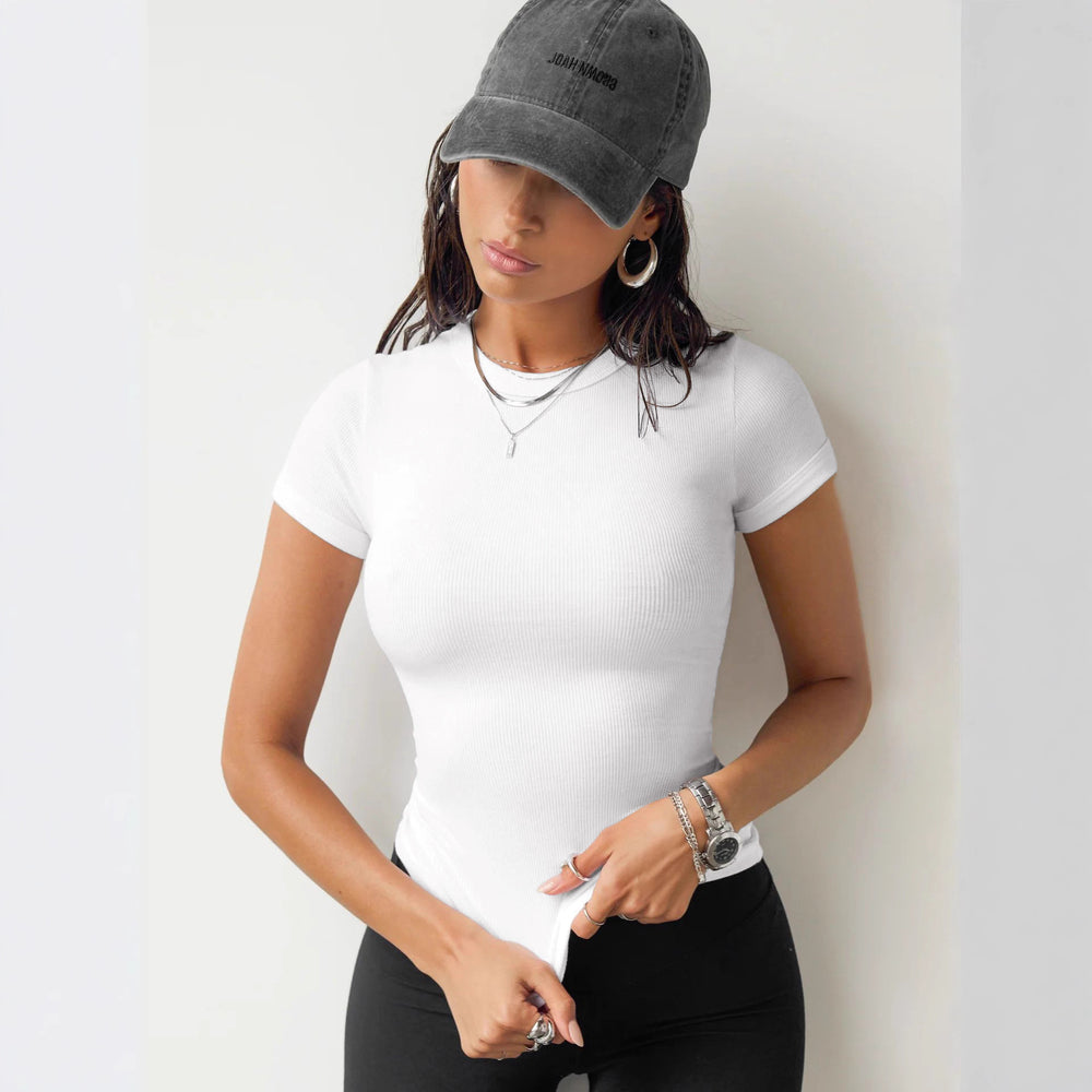 2024 amazon temu cross-border women's fashion european and american ribbed slim-fit spicy girl top solid color sports short-sleeve t-shirt