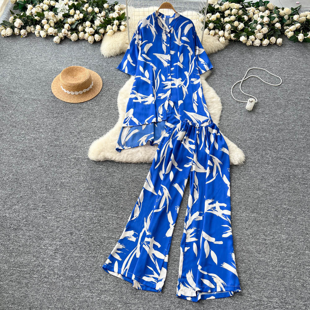 Fashionfashionablesuit women's summer young lady styleasymmetrical medium long printingshirthigh waistloose pantssuit