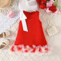 girls' solid color sleeveless party dress with 3d floral hem and bow detail