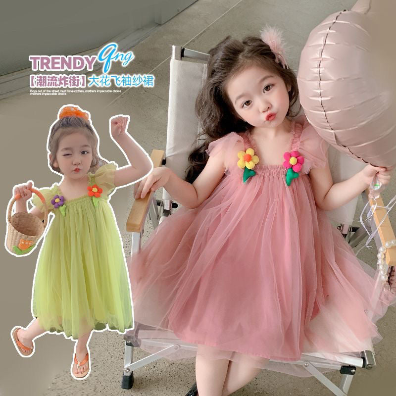Girls' summer dress  new style: trendy and sweet sundress for baby girls - princess mesh dress with spaghetti straps