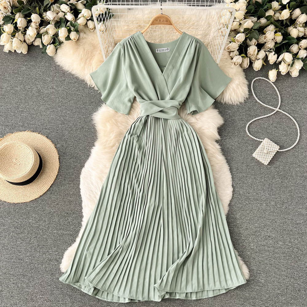 French pleated silmlong holiday style chiffon pleated long skirt pure colorelegantv necknew arrivalfrenchdress