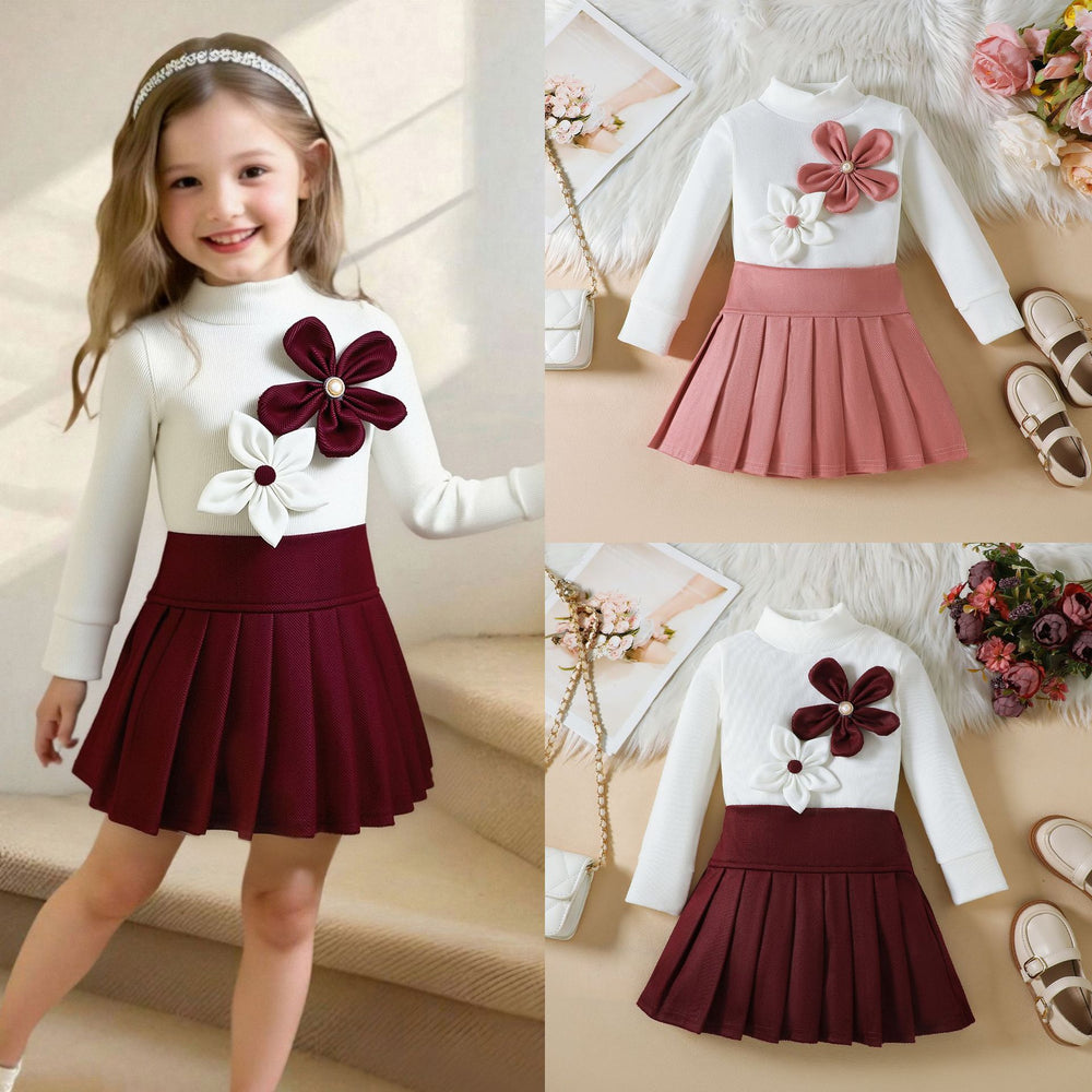 European and american style girls' outfit: new autumn fashion, 3d floral long-sleeve top with solid color pleated skirt set for toddlers and young children