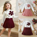 European and american style girls' outfit: new autumn fashion, 3d floral long-sleeve top with solid color pleated skirt set for toddlers and young children